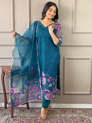 Floral Printed Organza Kurta With Pants & Dupatta