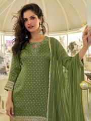 Embroidered Art Silk Suit With Plazzo & Dupatta