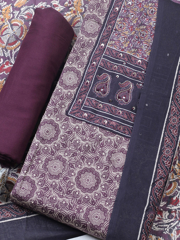 Printed Cotton Blend Unstitched Suit With Pant &amp; Dupatta