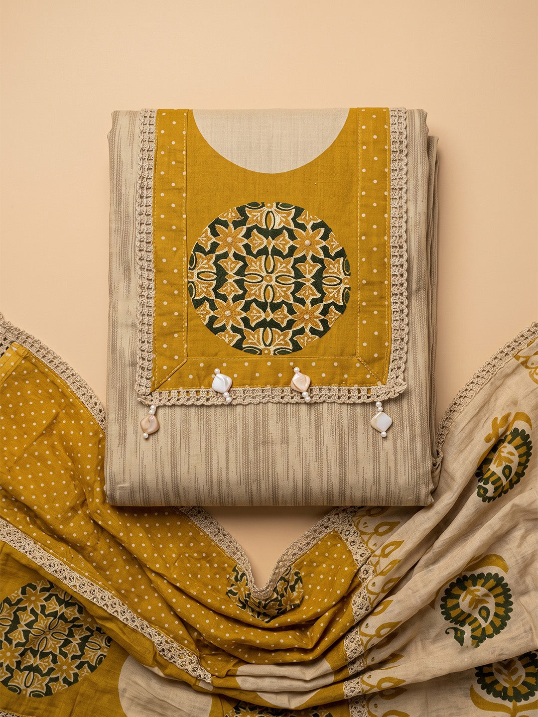 Beige Cotton Blend Embroidered Unstitched Dress Material