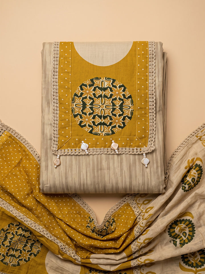 Beige Cotton Blend Embroidered Unstitched Dress Material