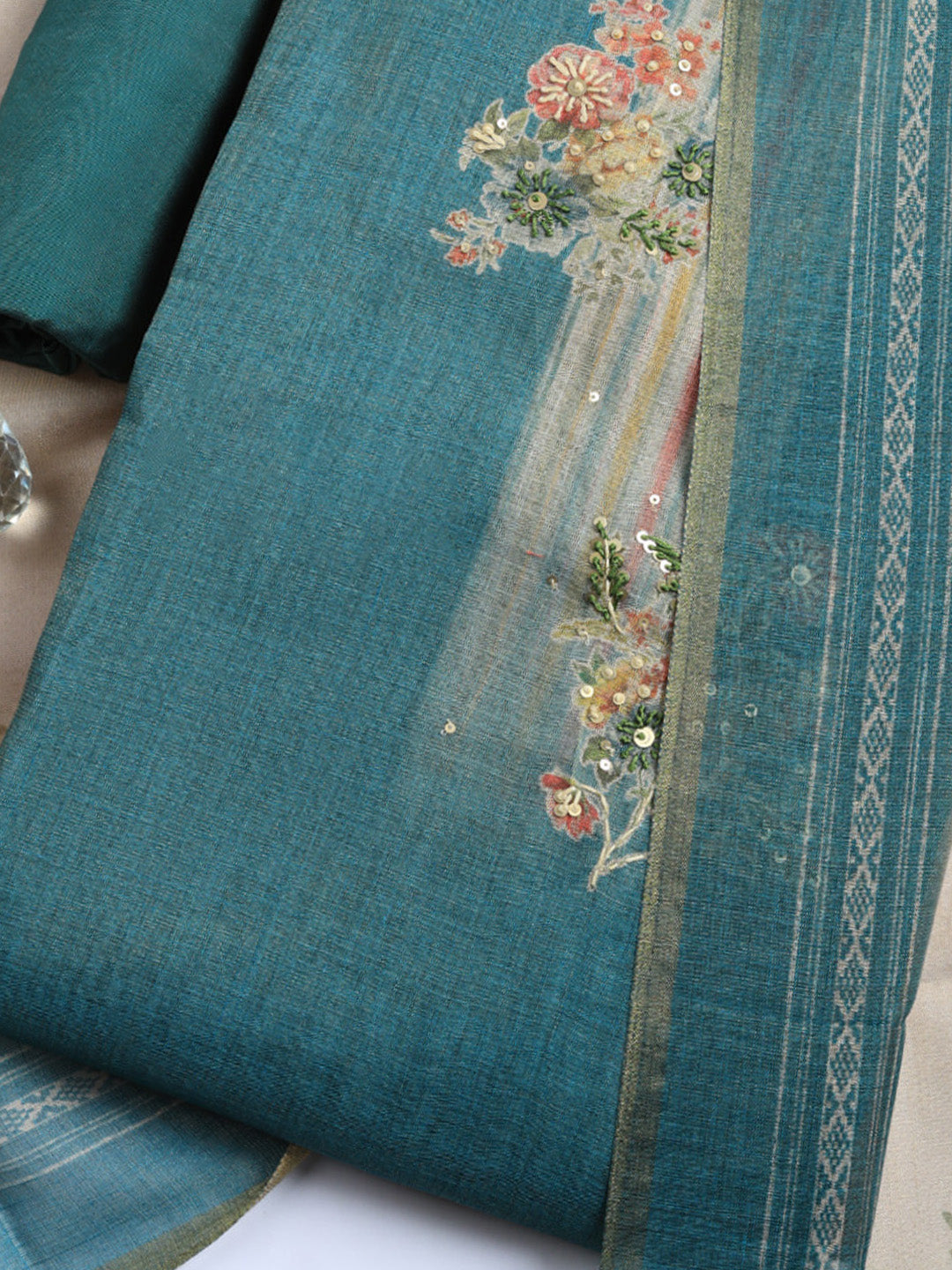 Printed Linen Blend Unstitched Suit With Pant &amp; Dupatta