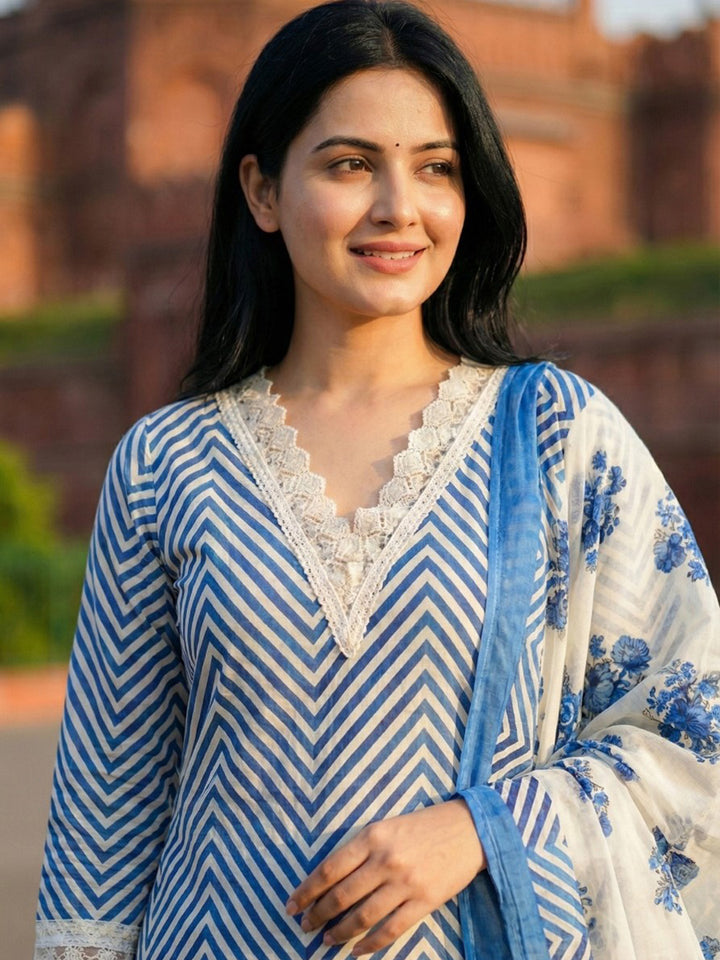 Blue Printed Cotton Blend Straight Suit Set With Dupatta