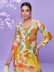 Embroidered Chinon Suit With Plazzo & Dupatta