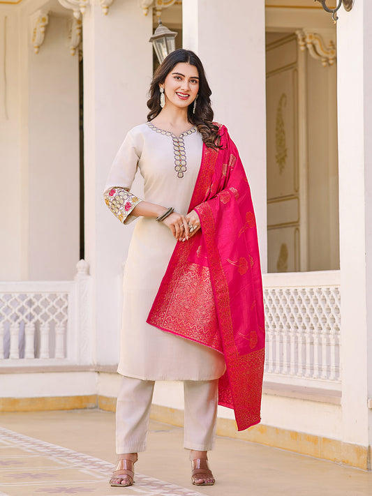 Neck Embroidery Cotton Blend Kurta With Pants & Dupatta