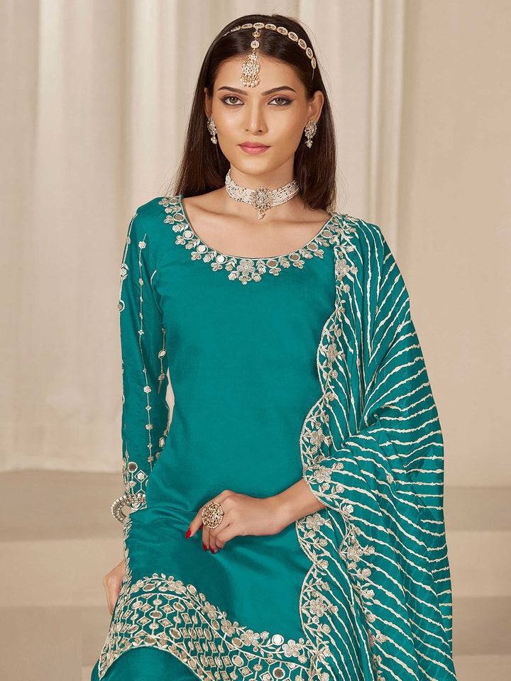 Embroidered Art Silk Semi Stitched Kurta With Skirt &amp; Dupatta