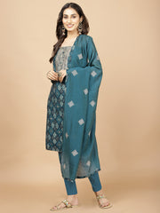 Printed &Neck Embroidery Cotton Unstitched Suit Piece With Dupatta