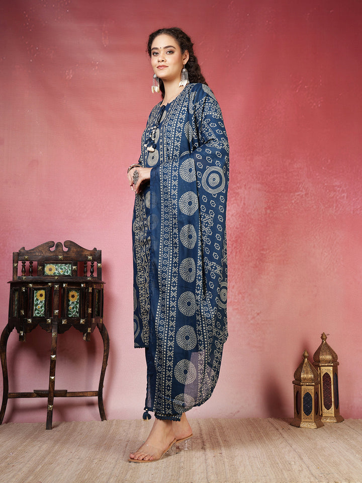 Teal Blue Cotton Blend Printed Straight Suit Set