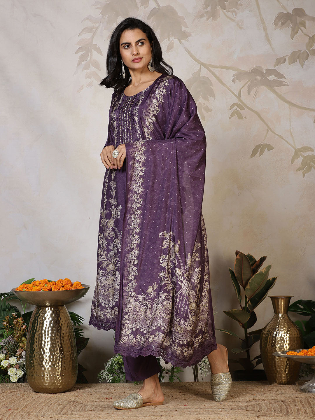 Embroidered Muslin Kurta With Pants &amp; Dupatta