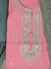 Embroidered Chanderi Pink Unstitched Suit With Pant & Dupatta