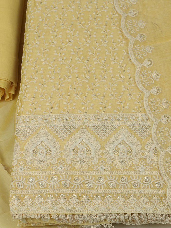 Embroidered Chanderi Unstitched Suit With Pant &amp; Dupatta