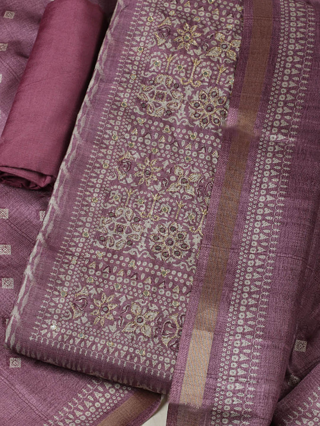 Printed Tussar Unstitched Suit With Pant &amp; Dupatta