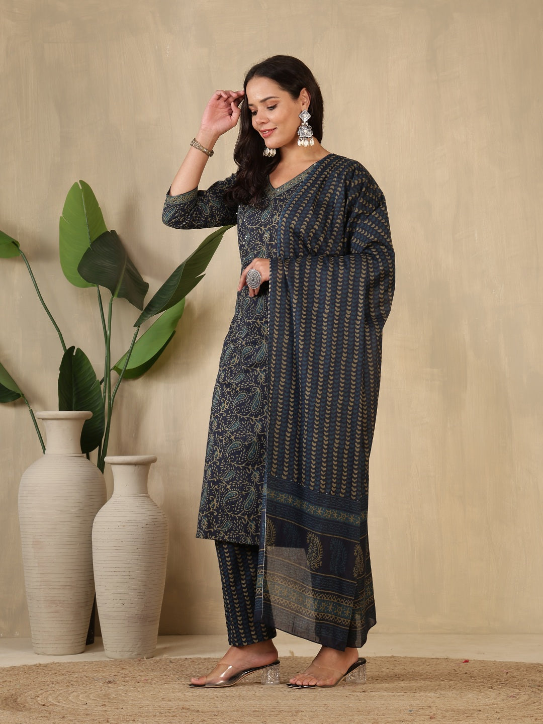 Printed Cotton Blend Suit With Pant &amp; Dupatta