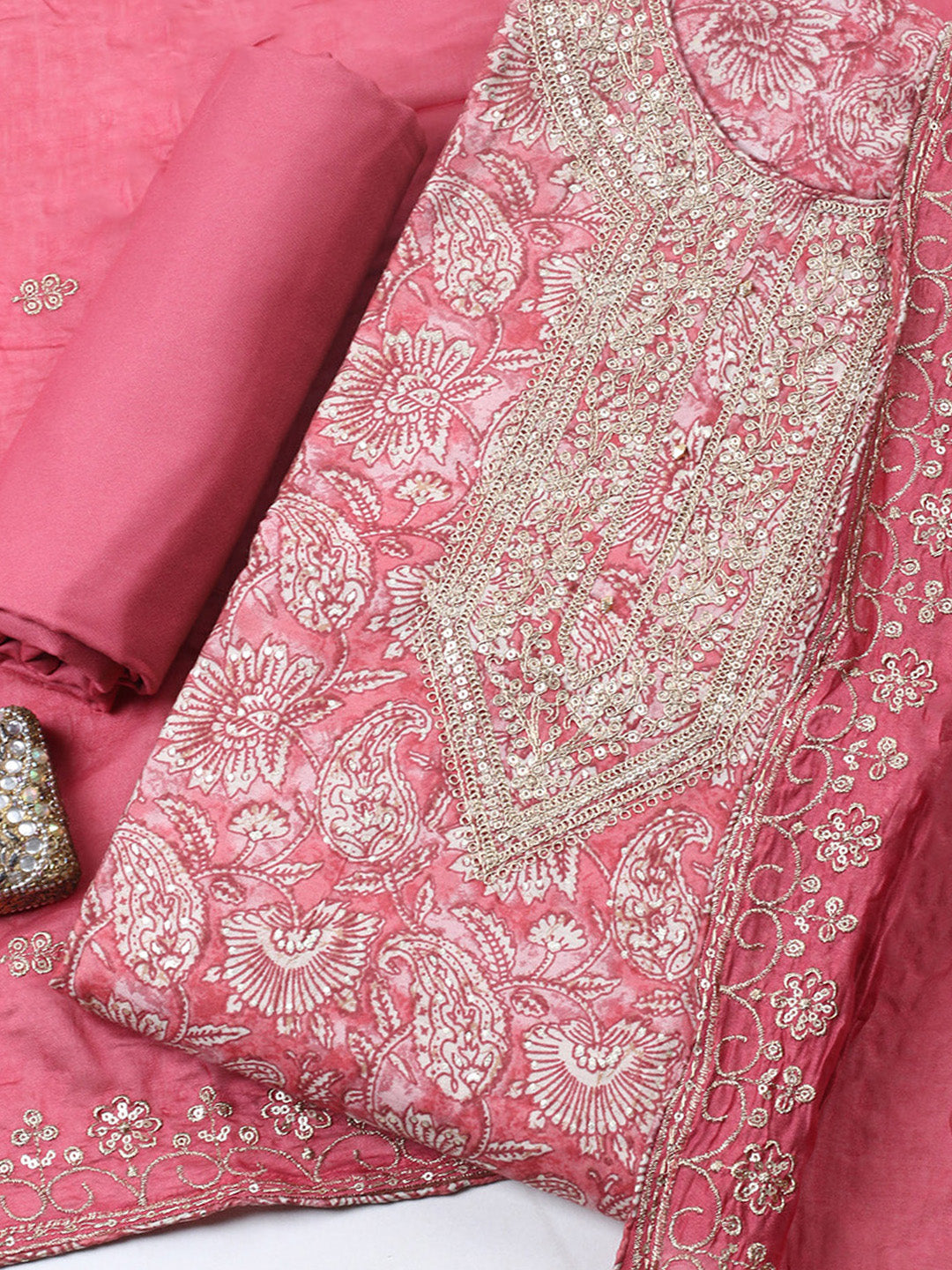 Printed Cotton Blend Unstitched Suit With Pant &amp; Dupatta