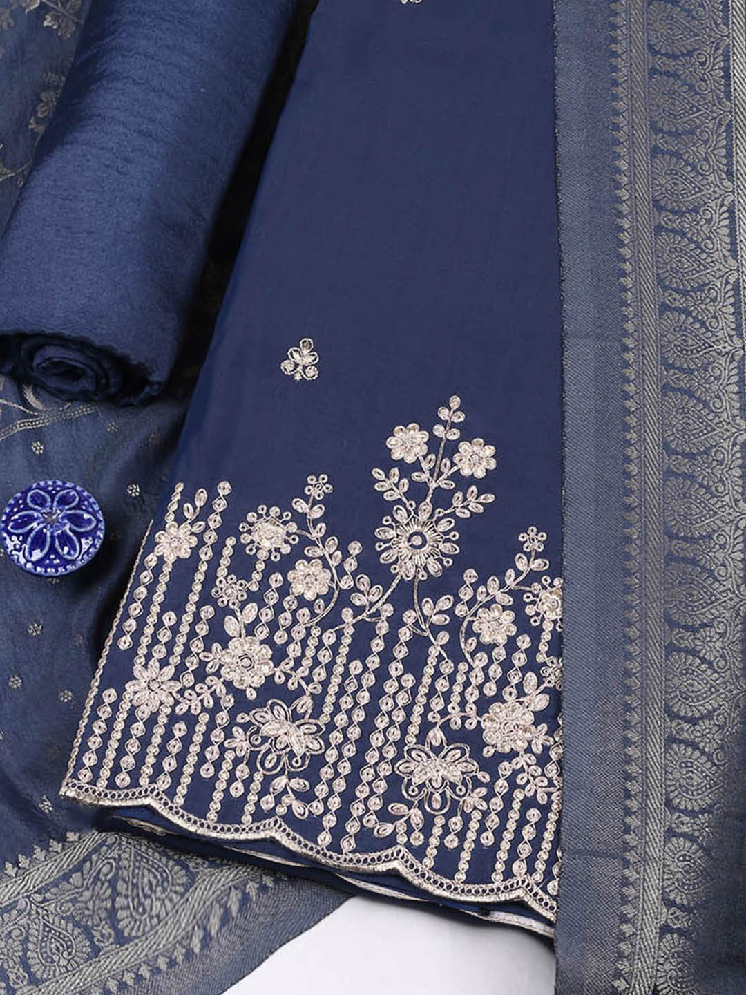 Embroidered Chanderi Unstitched Suit With Pant &amp; Dupatta