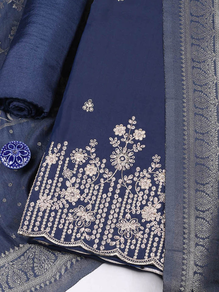 Embroidered Chanderi Unstitched Suit With Pant &amp; Dupatta