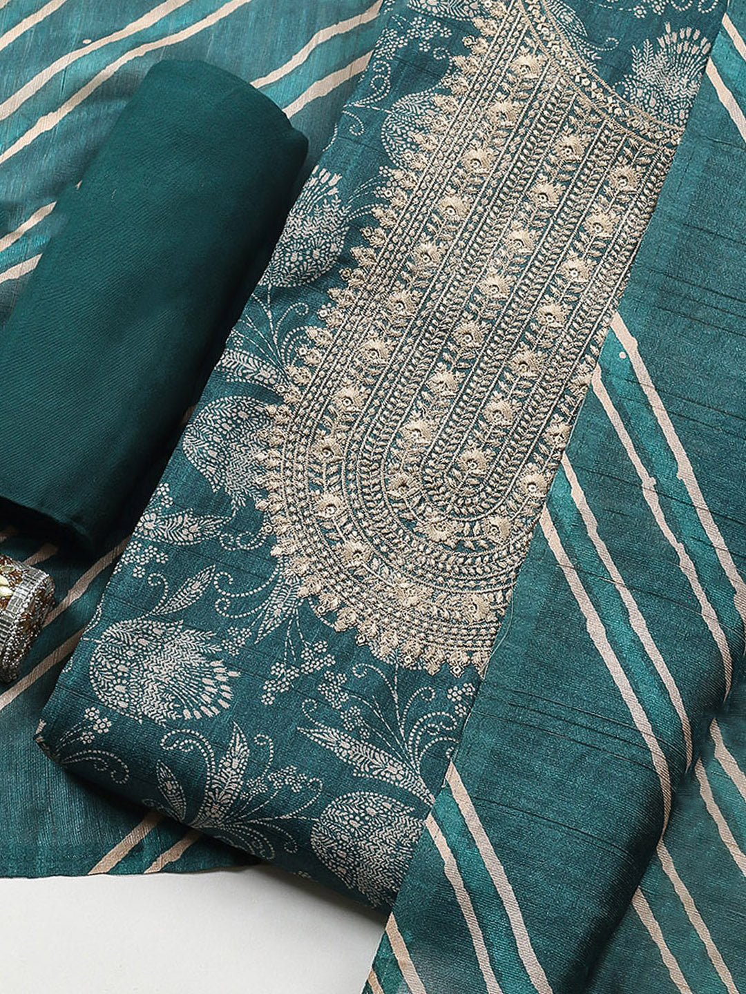 Embroidered Cotton Blend Unstitched Suit With Pant &amp; Dupatta