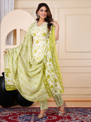 Floral Printed Cotton Kurta With Pants & Dupatta