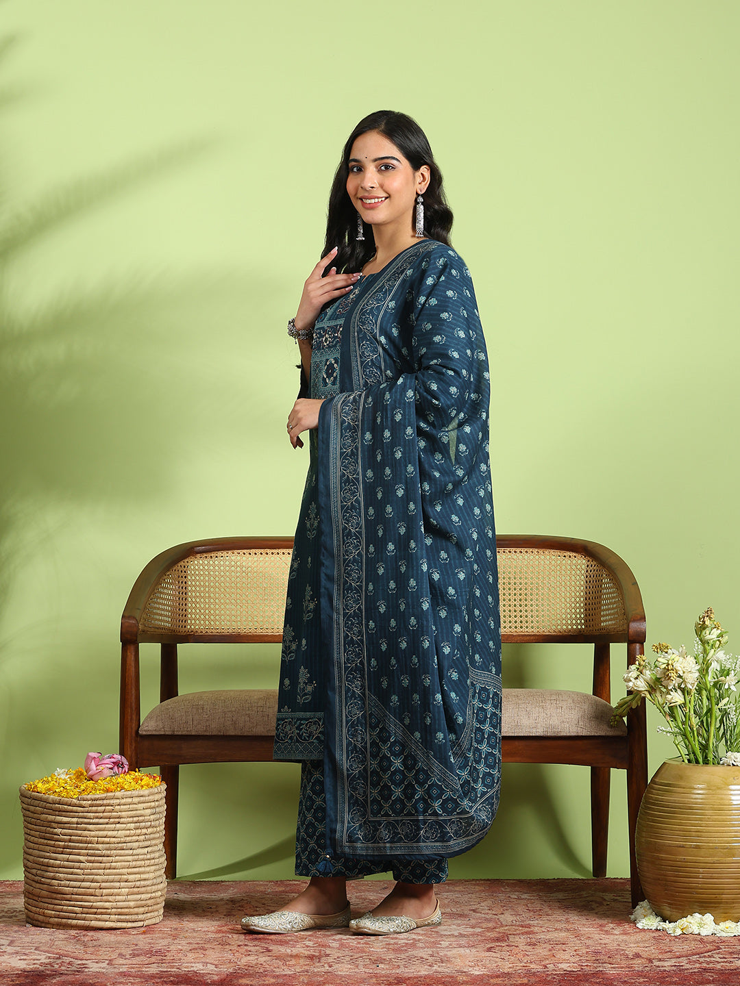 Blue Cotton Blend Printed A Line Suit Set