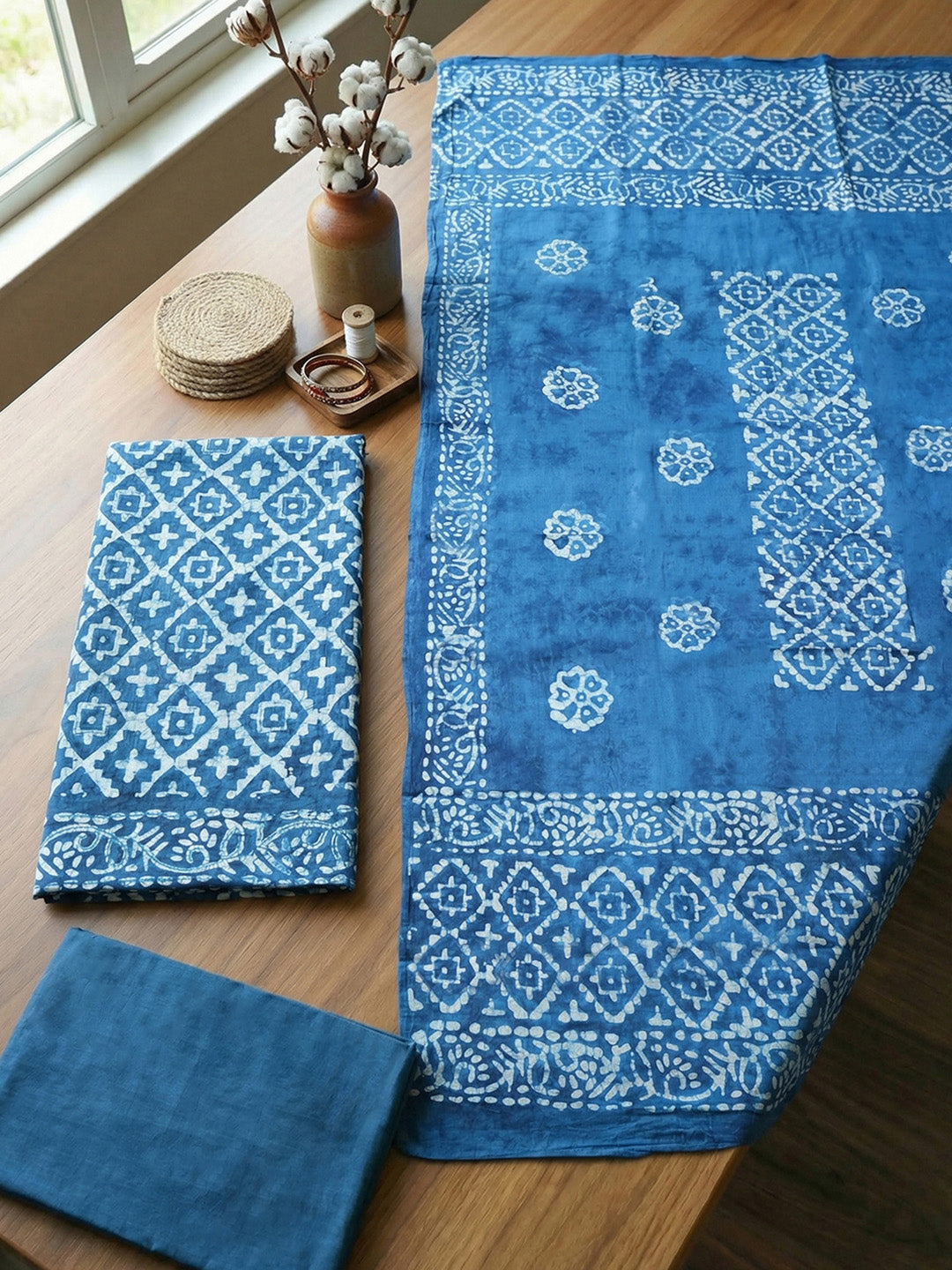 Printed Cotton Blend Unstitched Suit With Pant &amp; Dupatta