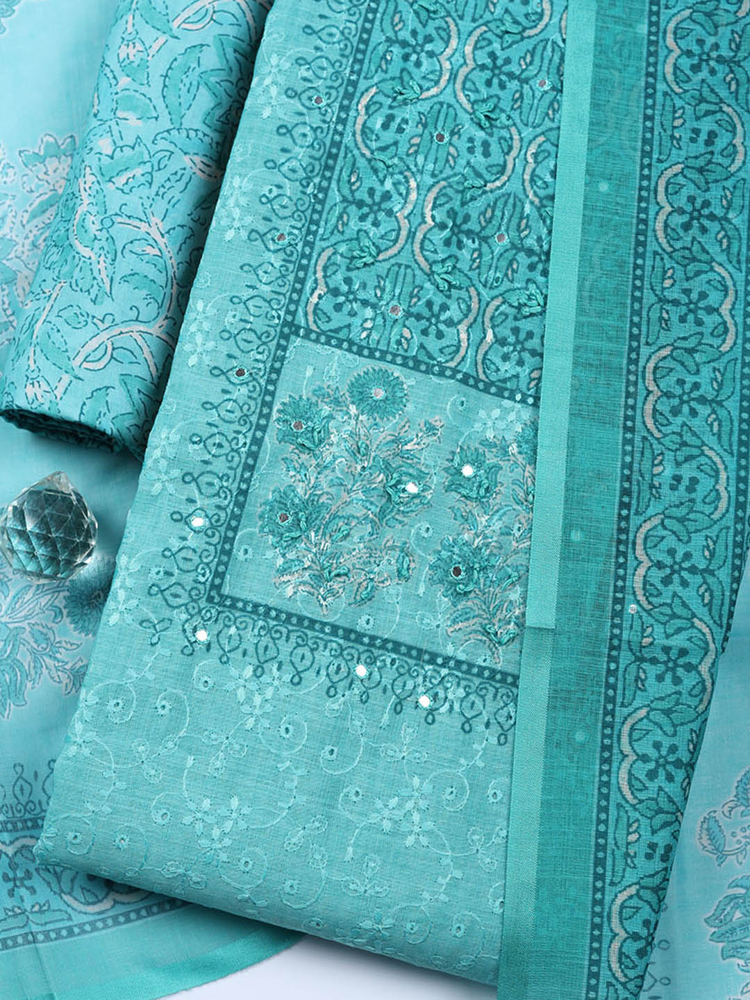 Embroidered Cotton Blend Unstitched Suit With Pant &amp; Dupatta
