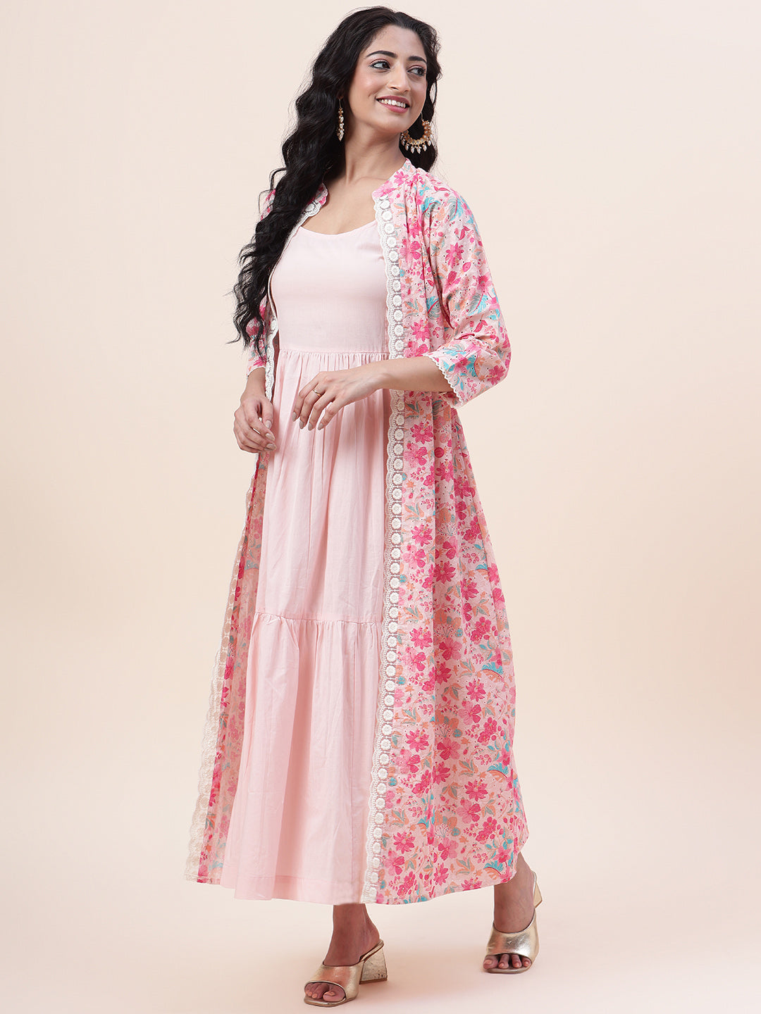 Floral Printed Cotton Gown With Jacket