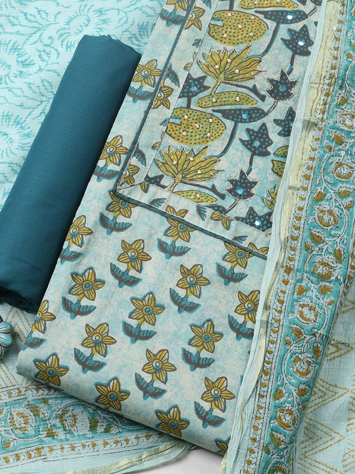 Printed Cotton Blend Unstitched Suit With Pant &amp; Dupatta