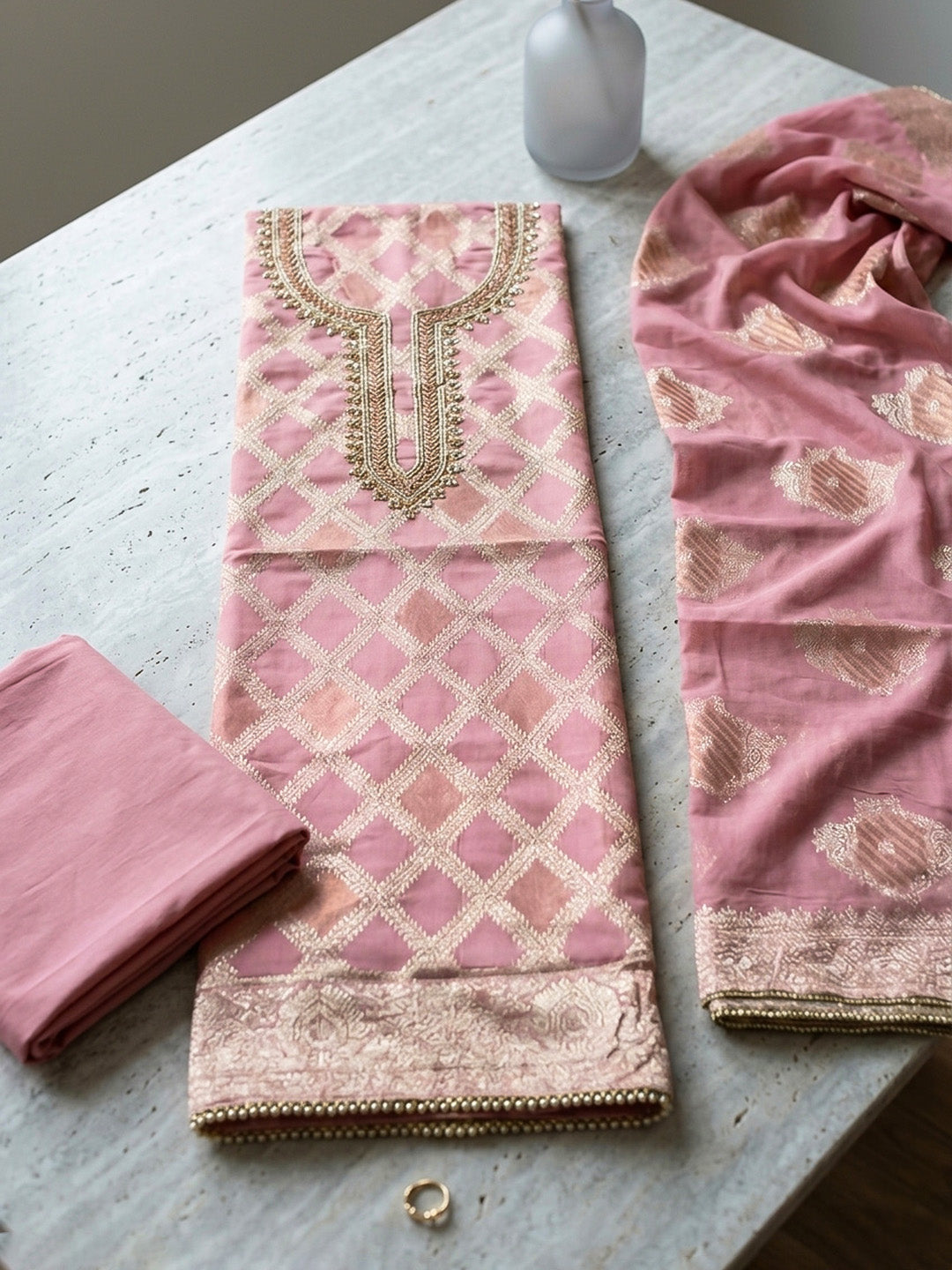 Embroidered Cotton Blend Unstitched Suit With Pant &amp; Dupatta