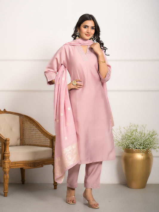 Neck Embroidered Chanderi Kurta With Pants & Dupatta