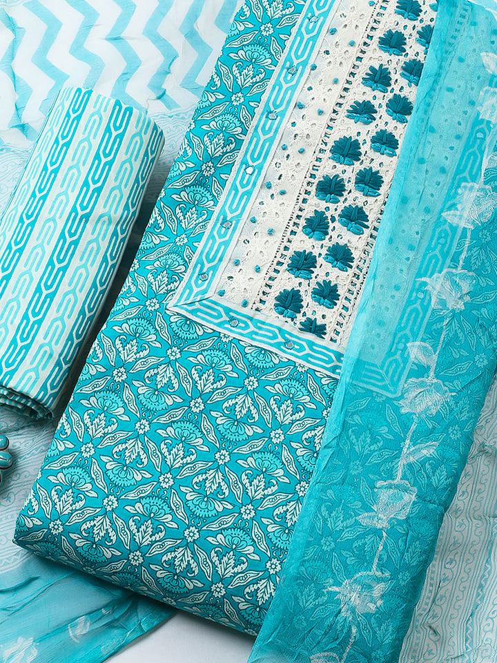 Embroidered Cotton Blend Unstitched Suit With Pant &amp; Dupatta