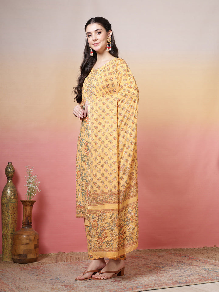 Embroidered Cotton Kurta With Pant &amp; Dupatta