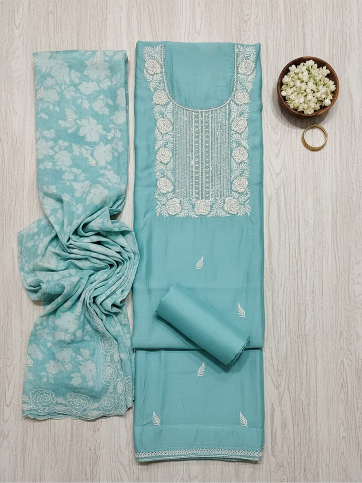 Embroidered Chanderi Unstitched Suit With Pant &amp; Dupatta
