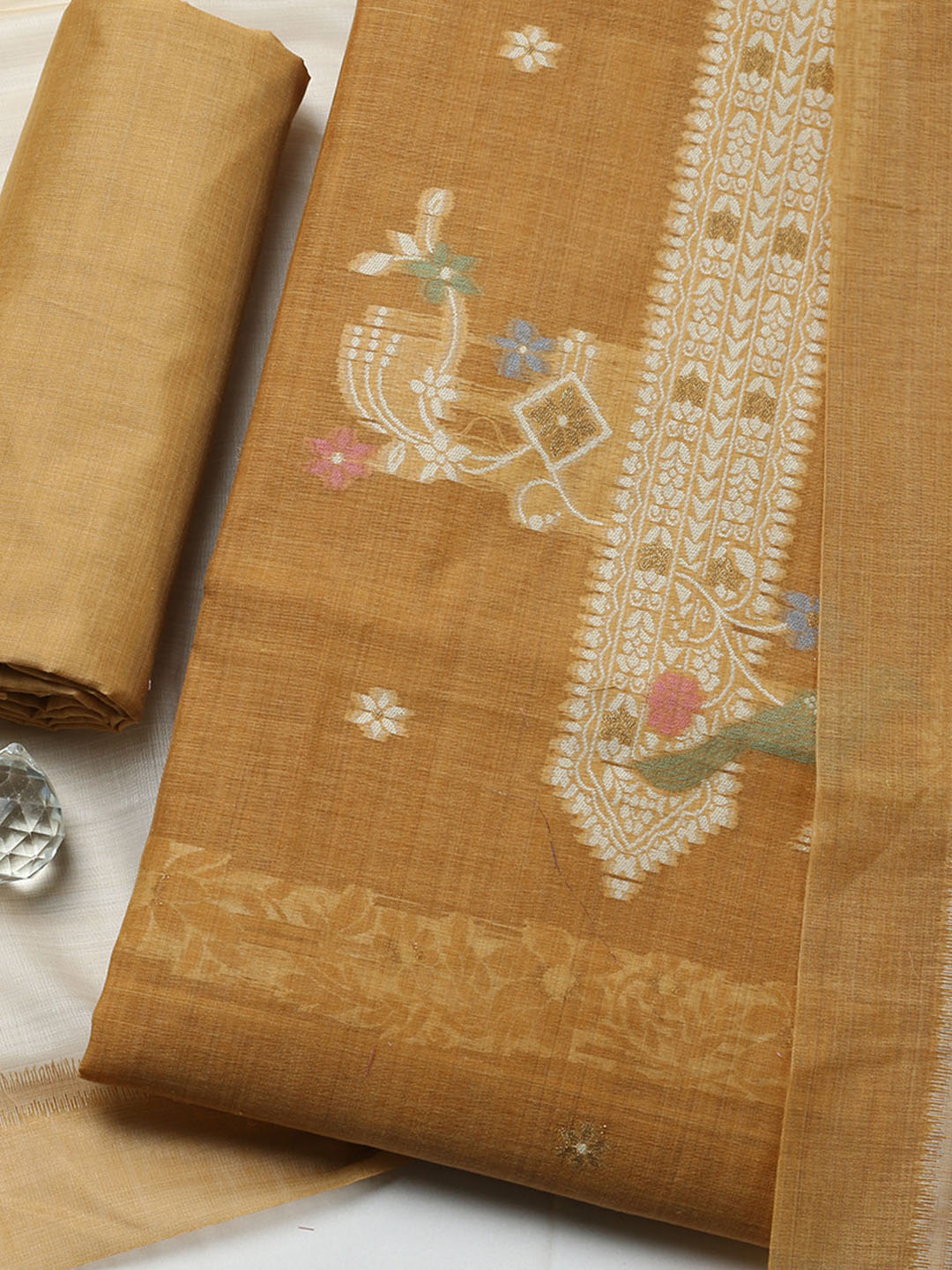Printed Chanderi Unstitched Suit With Pant &amp; Dupatta