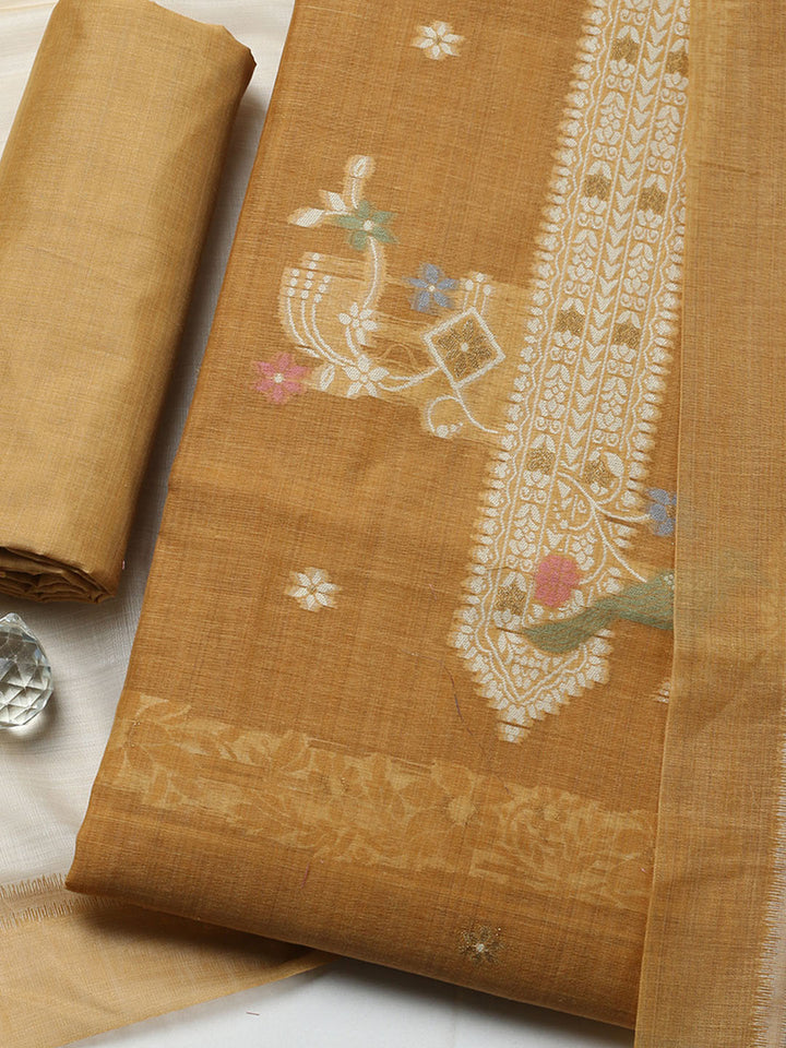 Printed Chanderi Unstitched Suit With Pant &amp; Dupatta