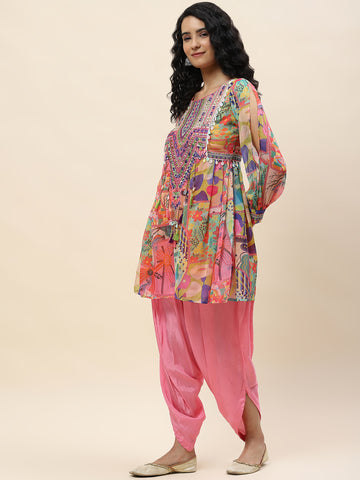 Neck Embroidered Chiffon Kurti With Dhoti Pant