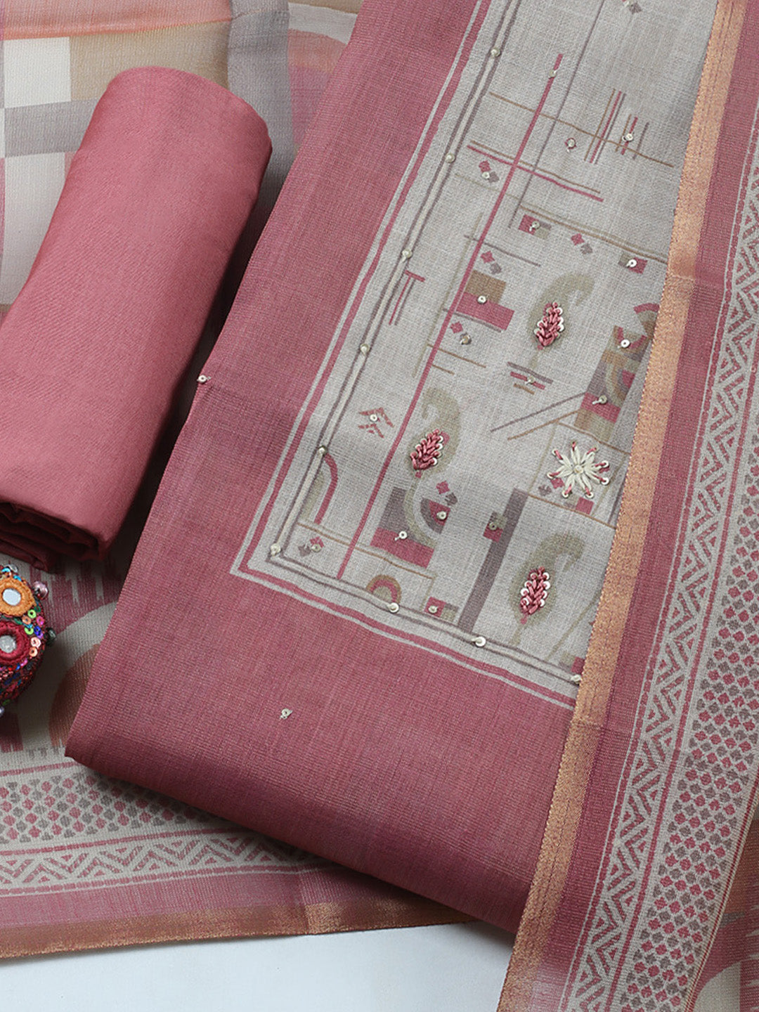 Printed Linen Blend Unstitched Suit With Pant &amp; Dupatta