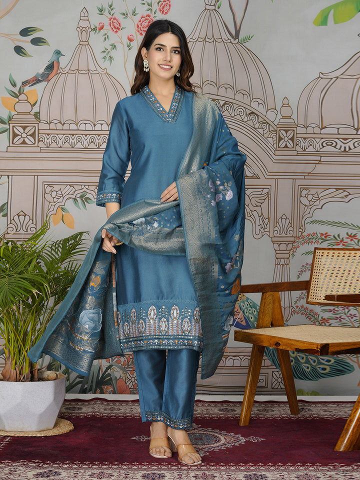 Embroidered Tissue Kurta With Pants &amp; Dupatta
