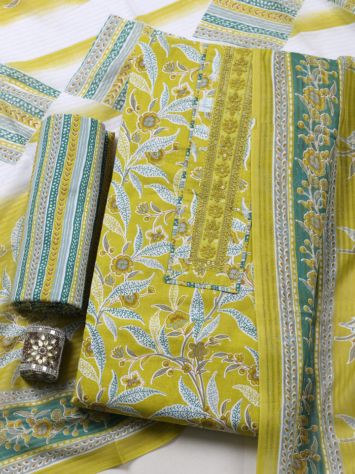 Printed Cotton Blend Unstitched Suit With Pant &amp; Dupatta
