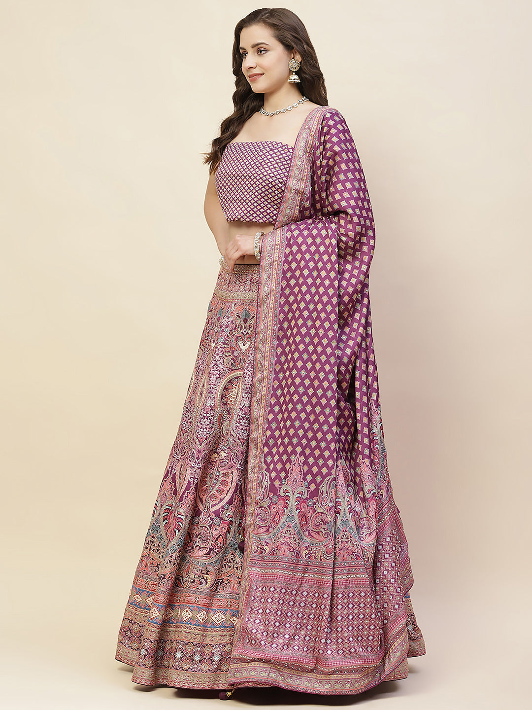 Printed & Thread Embroidered Choli With Unstitched Lehenga & Dupatta