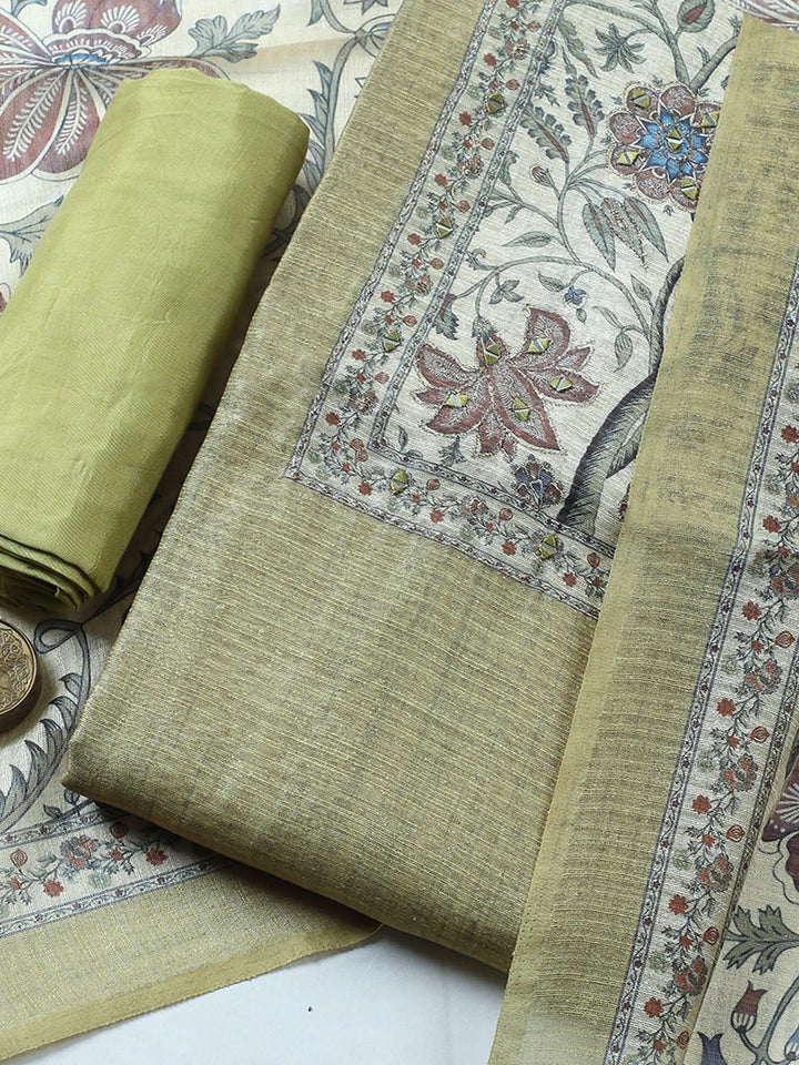 Embroidered Chanderi Unstitched Suit With Pant &amp; Dupatta
