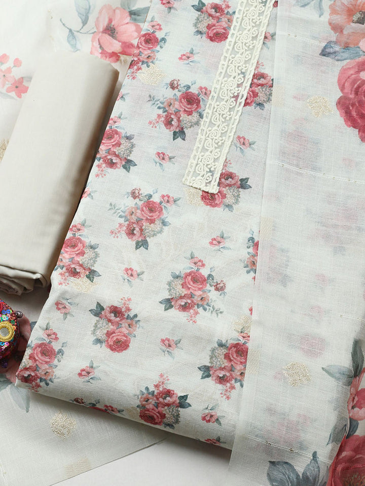 Embroidered Linen Blend Unstitched Suit With Pant &amp; Dupatta