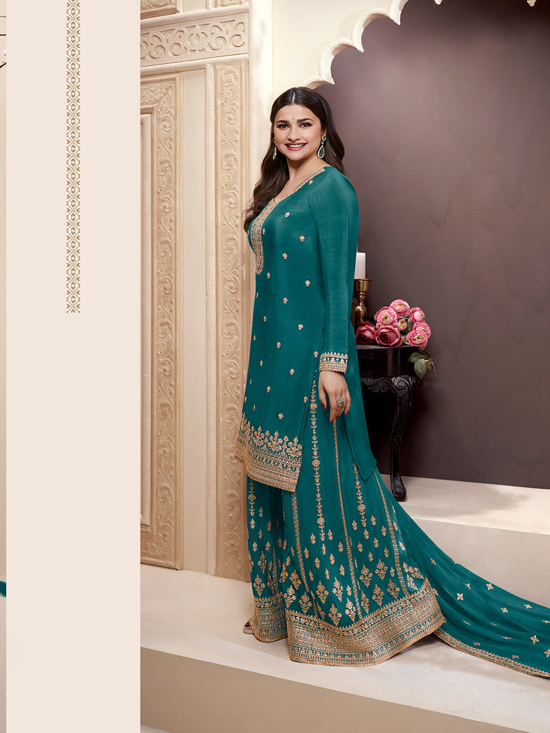 Embroidered Chinon Unstitched Suit With Pant &amp; Dupatta