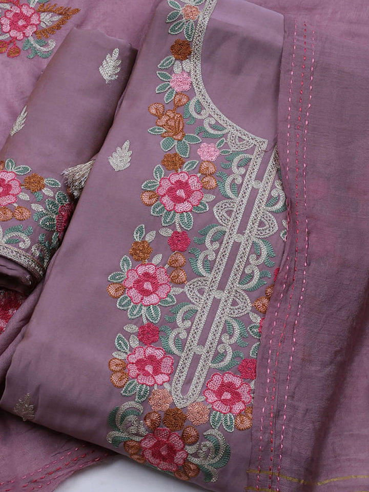 Neck Embroidered Chanderi Unstitched Suit With Dupatta