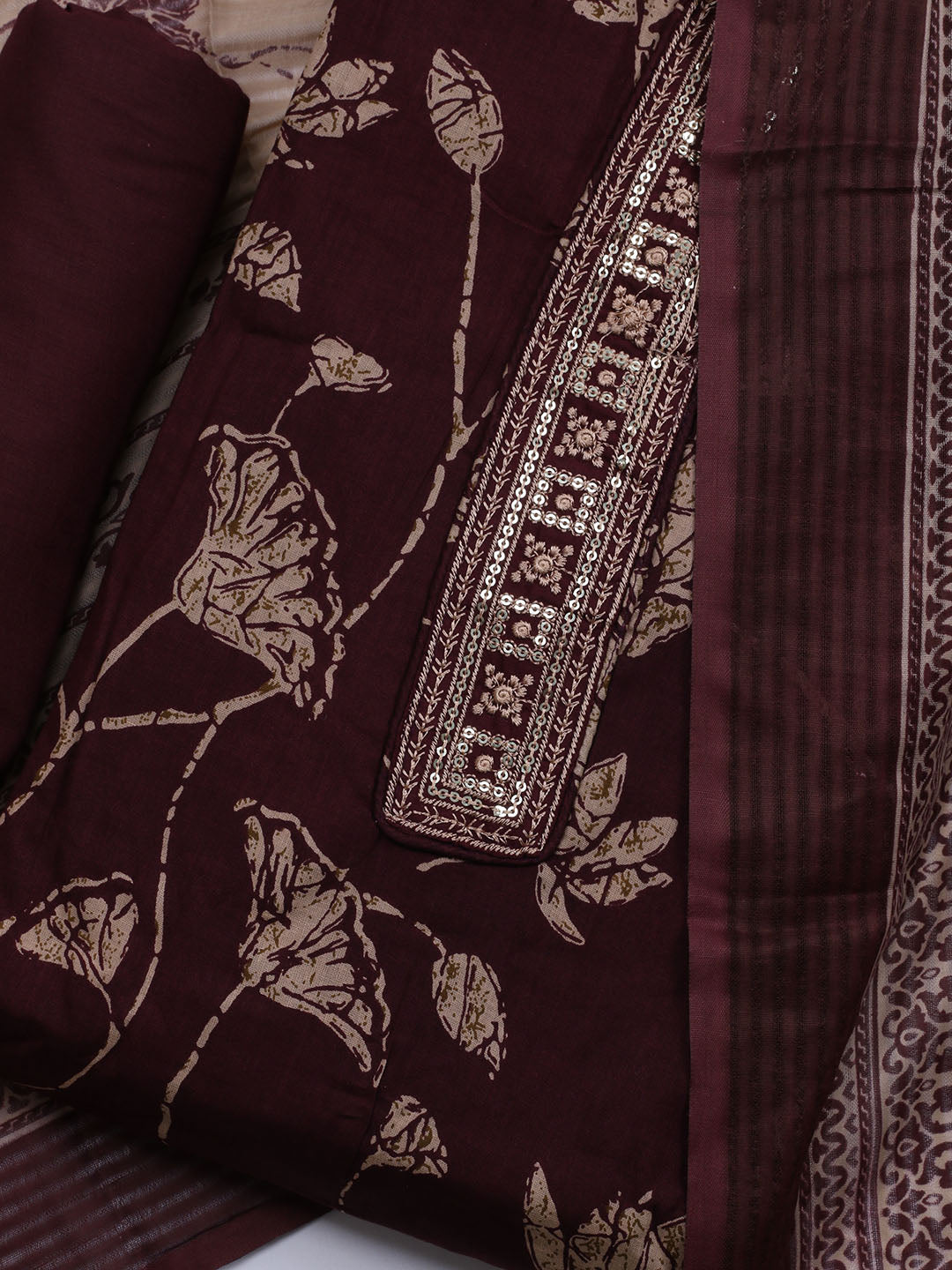 Patch Neck Cotton Blend Unstitched Suit With Dupatta