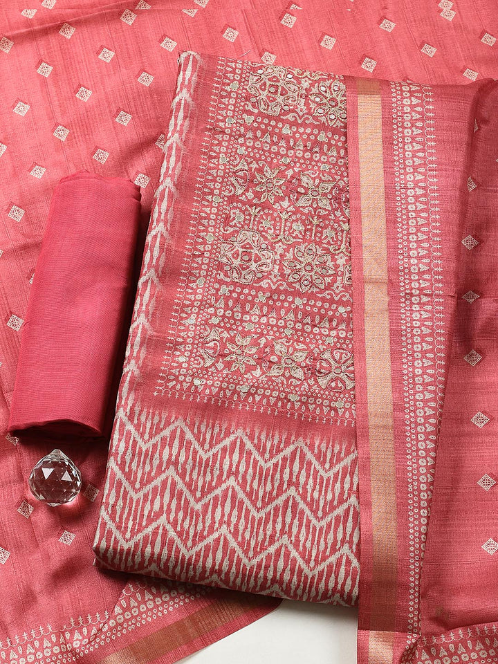 Printed Tussar Unstitched Suit With Pant &amp; Dupatta