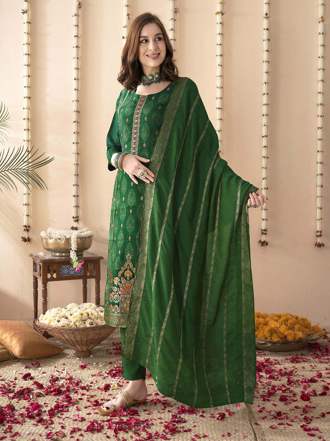 Embroidered Silk Kurta With Pant &amp; Dupatta