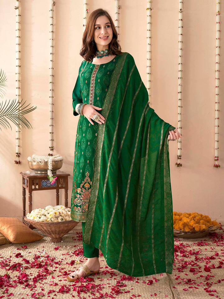 Embroidered Silk Kurta With Pant &amp; Dupatta