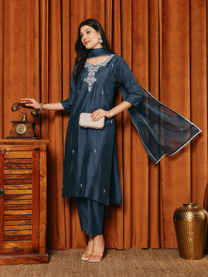Embroidered Cotton Blend Kurta With Pants &amp; Dupatta