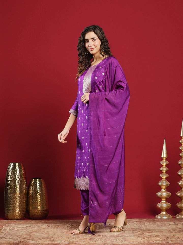 Embroidered Cotton Kurta With Pant &amp; Dupatta