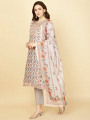 Floral Printed Chanderi Kurta With Pants & Dupatta